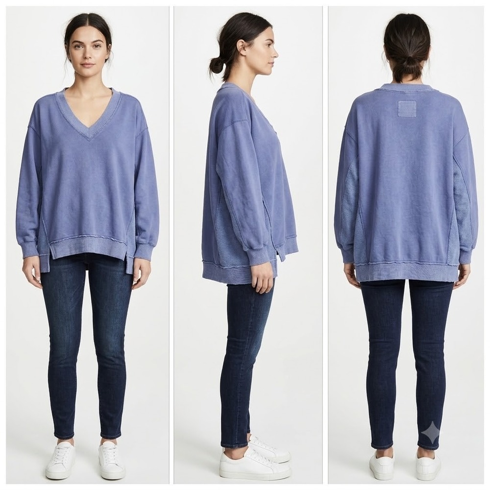 Aerie Vacay Every Day V-Neck Sweatshirt Womens M Blue Long Sleeve Pullover